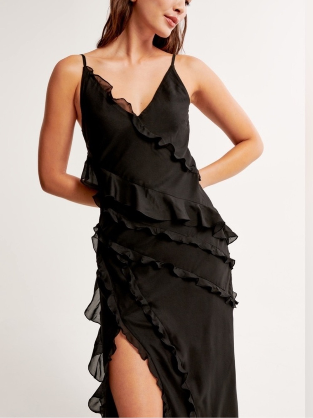 Abercrombie & Fitch Black Ruffle Tiered Slit Maxi Dress - Picture 2 of 11